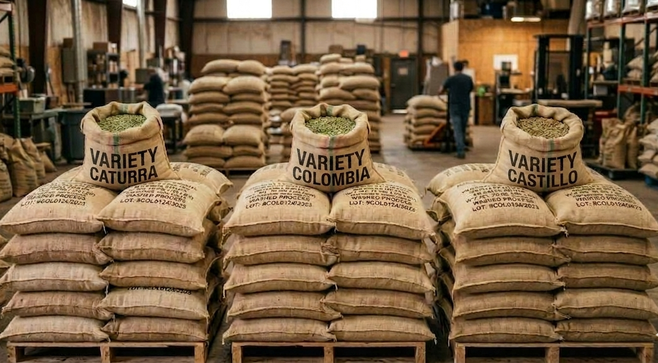 Sacks of Colombia, Caturra and Castillo variety green coffee stacked in a warehouse