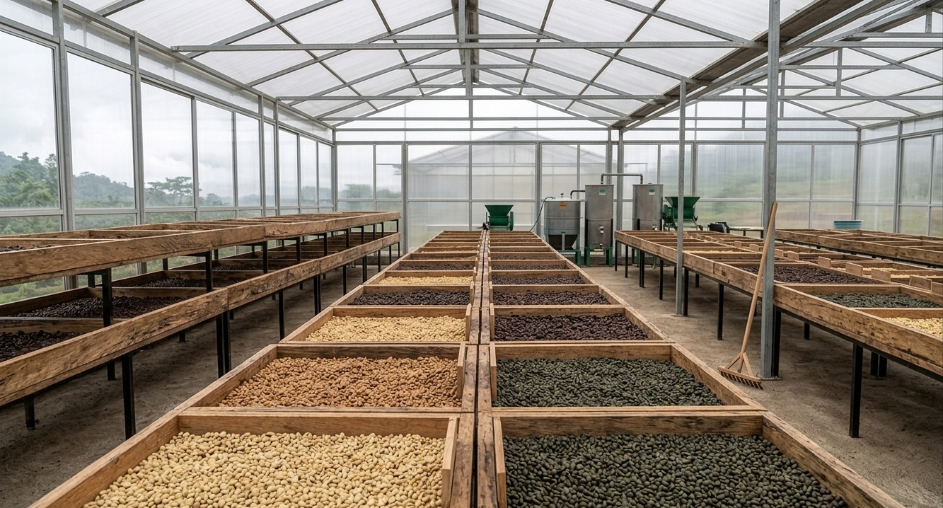Raised drying beds of exclusive microlot green coffee under greenhouse cover